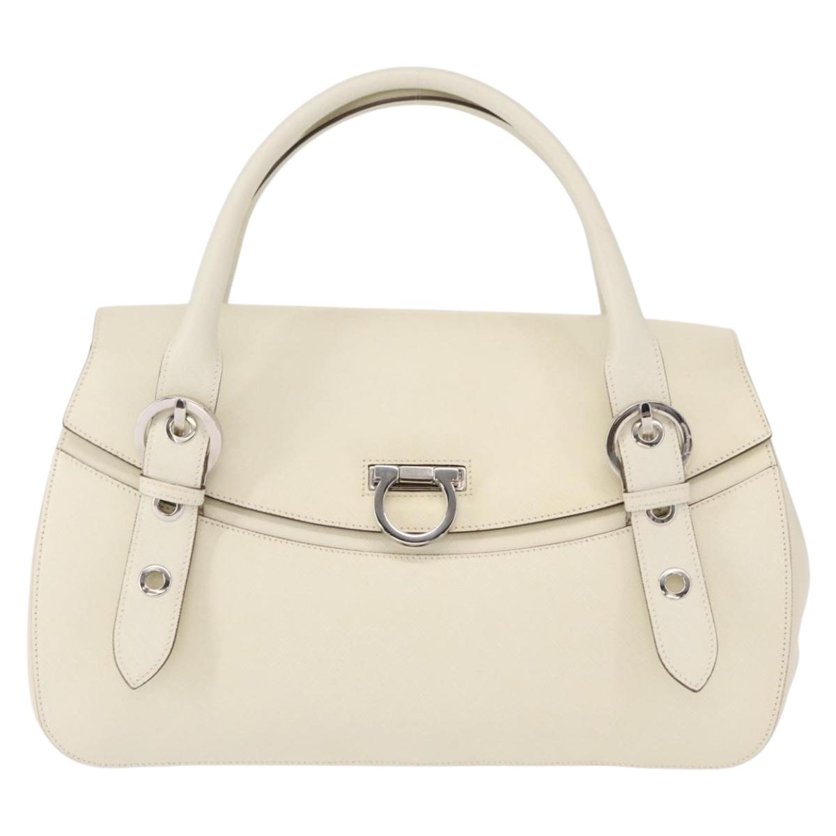 Salvatore Ferragamo Gancini Shoulder Bag Leather White Silver Auth ka722