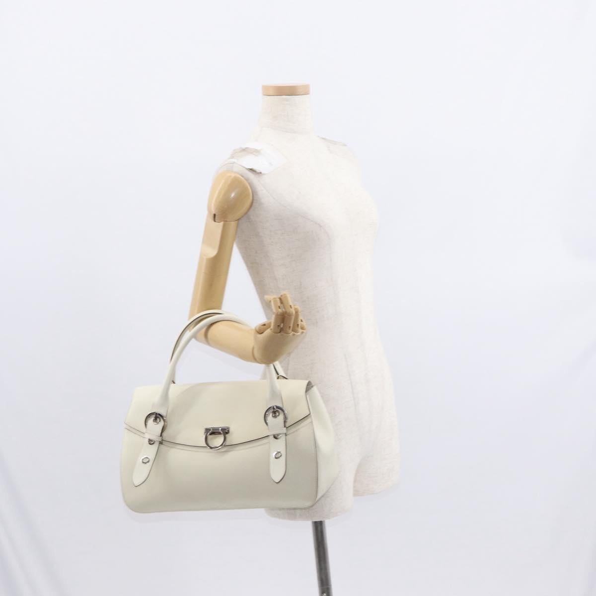 Salvatore Ferragamo Gancini Shoulder Bag Leather White Silver Auth ka722