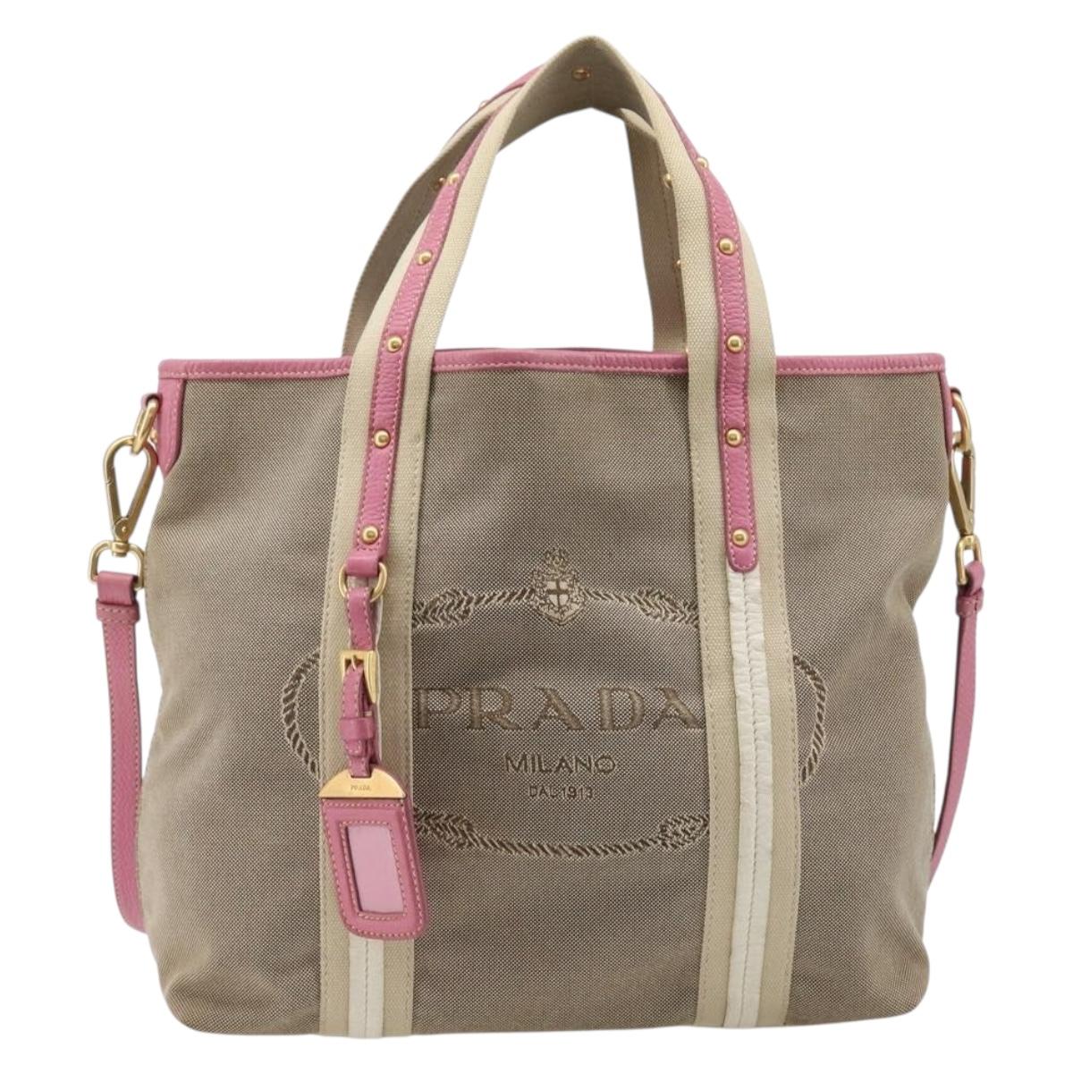 PRADA Hand Bag Canvas 2way Beige Gold Auth ka7234A