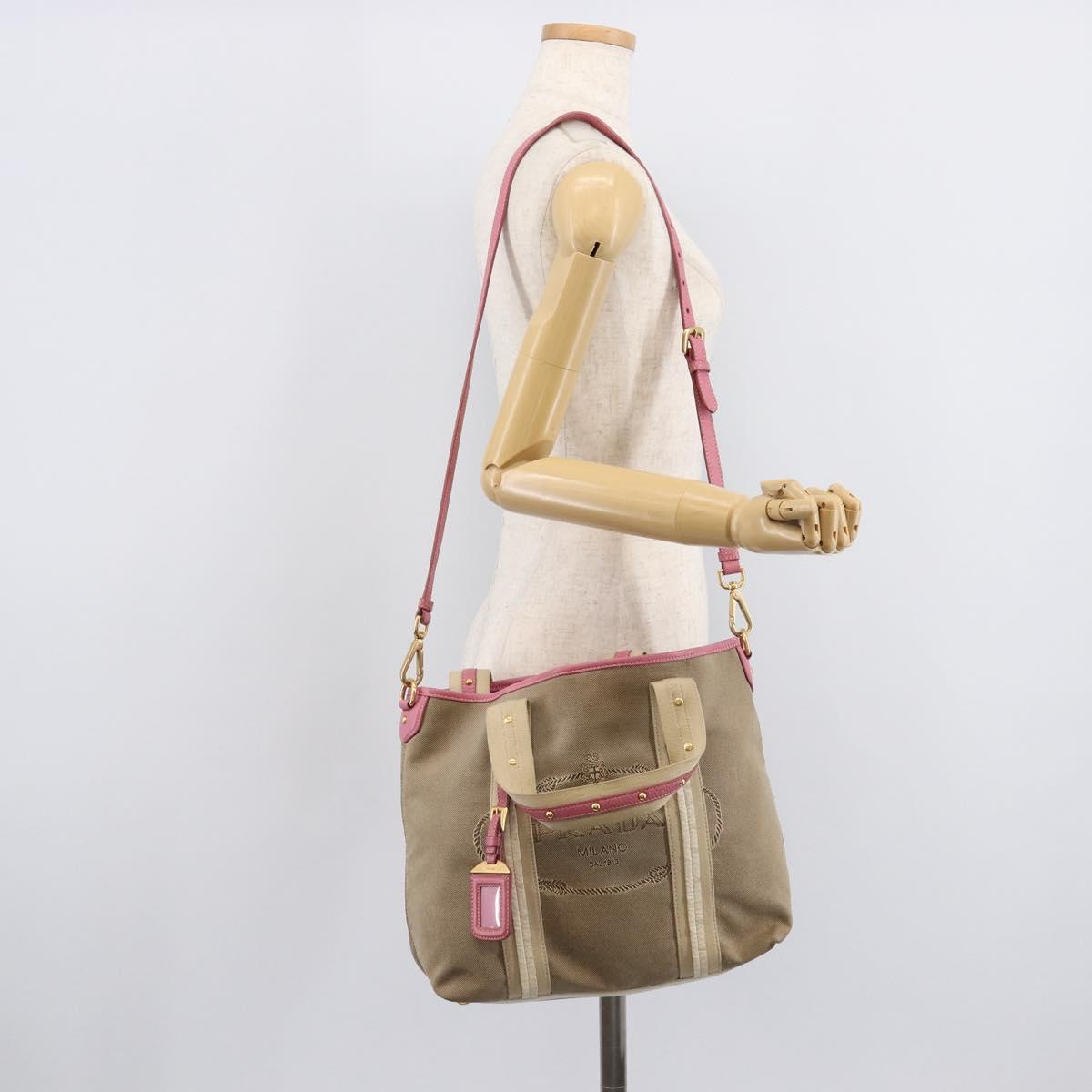 PRADA Hand Bag Canvas 2way Beige Gold Auth ka7234A