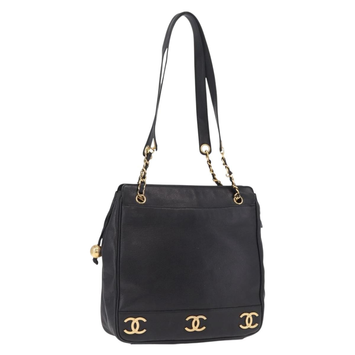 CHANEL Triple Coco Chain Shoulder Bag Caviar Skin Black Gold CC Auth ka7237V