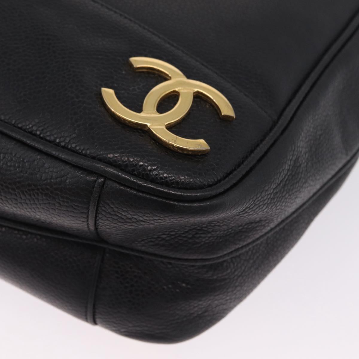 CHANEL Triple Coco Chain Shoulder Bag Caviar Skin Black Gold CC Auth ka7237V