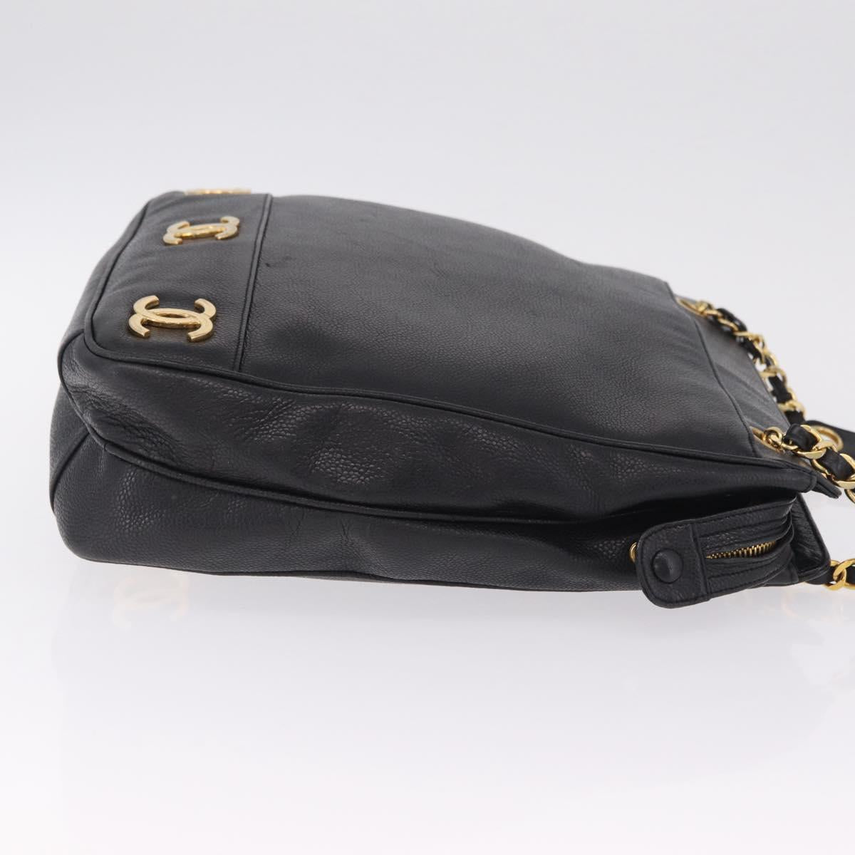 CHANEL Triple Coco Chain Shoulder Bag Caviar Skin Black Gold CC Auth ka7237V