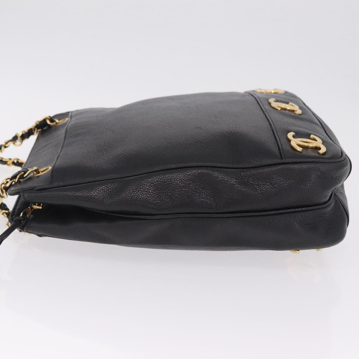 CHANEL Triple Coco Chain Shoulder Bag Caviar Skin Black Gold CC Auth ka7237V