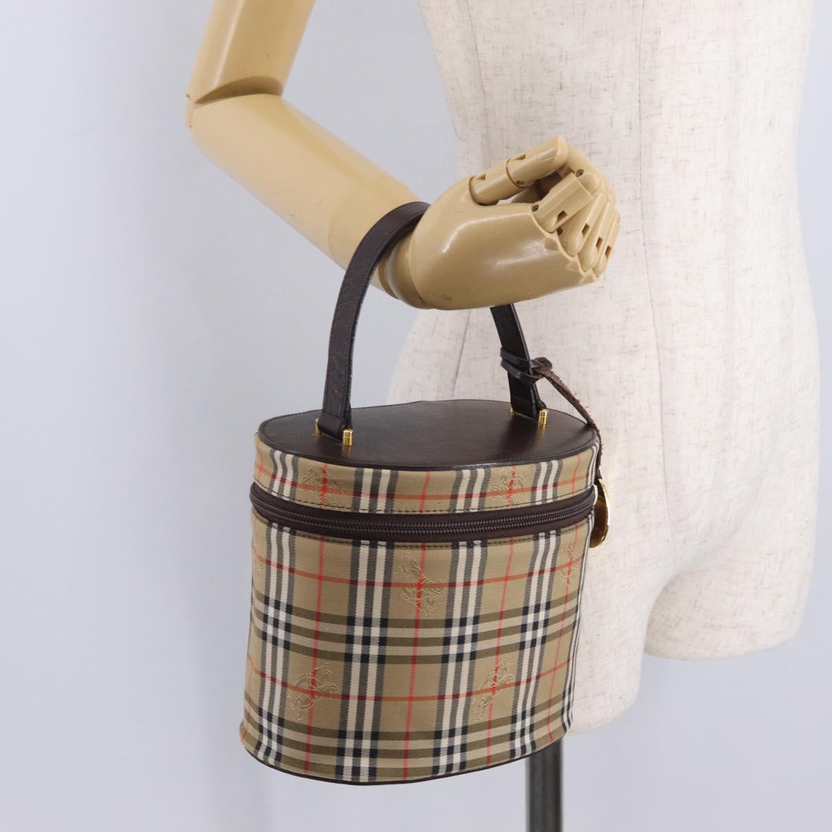 BURBERRY Nova Check Vanity Hand Bag Canvas Beige Gold Auth ka7258A