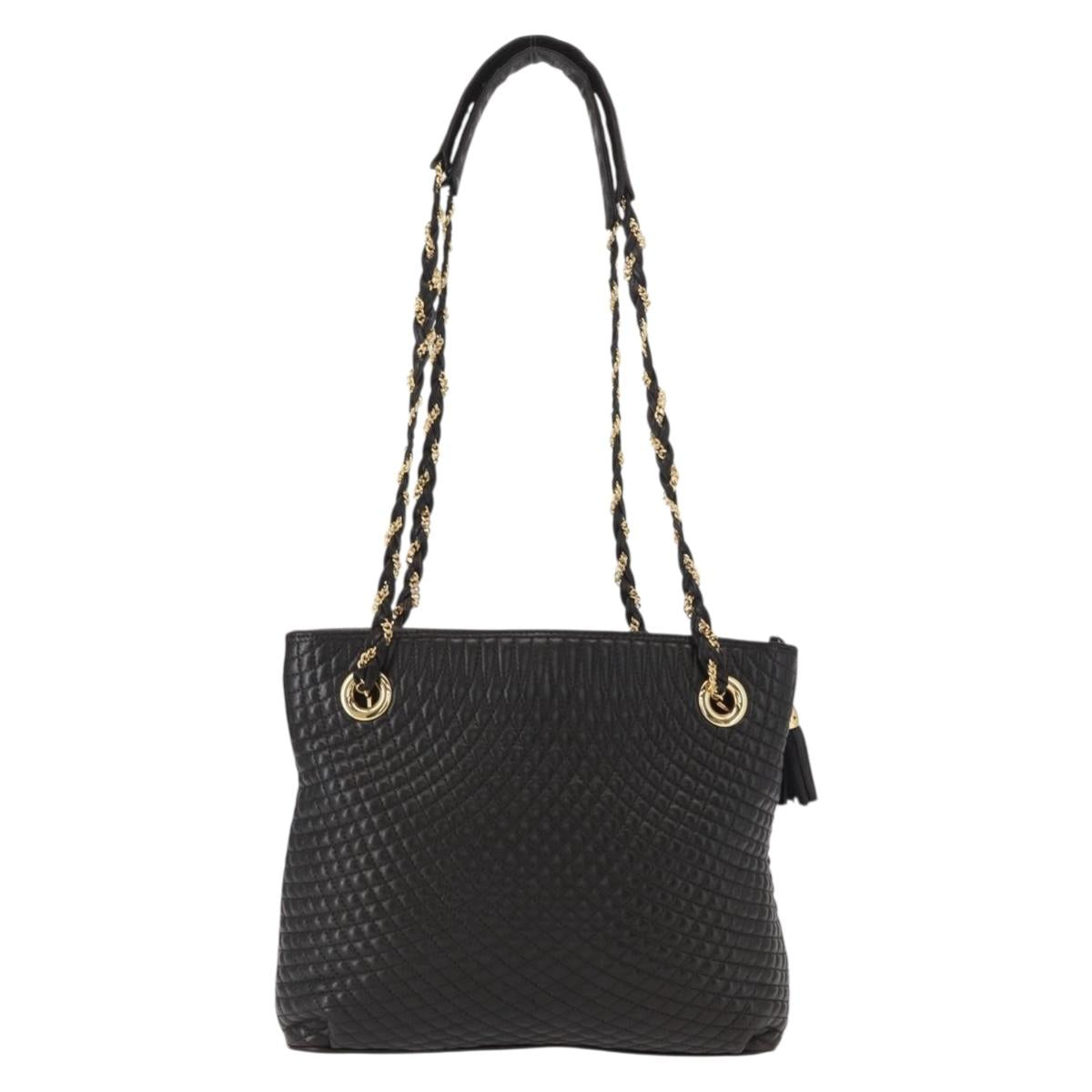 BALLY Quilted Chain Shoulder Bag Leather Black Gold Auth ka727