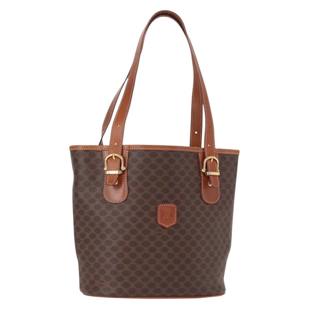 CELINE Macadam Canvas Shoulder Bag PVC Leather Brown Gold Auth ka728