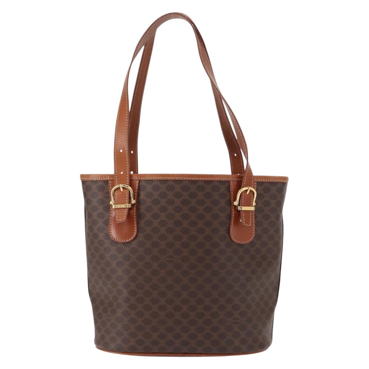 CELINE Macadam Canvas Shoulder Bag PVC Leather Brown Gold Auth ka728