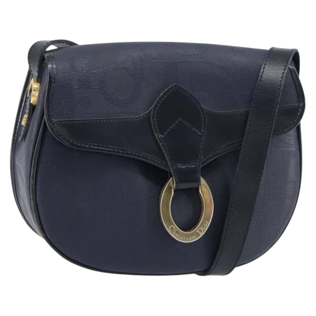 Christian Dior Trotter Canvas Shoulder Bag Navy Gold Auth ka740