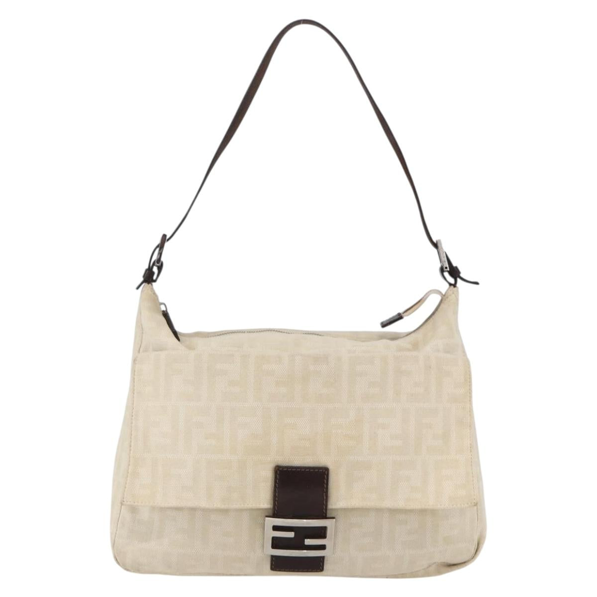 FENDI Zucca Canvas Mamma Baguette Shoulder Bag Beige Silver Auth ka745