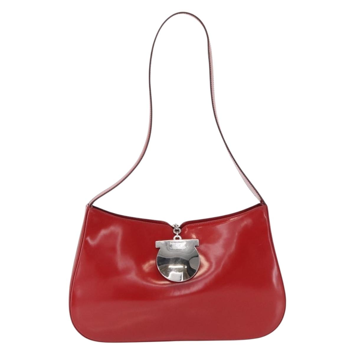 Salvatore Ferragamo Shoulder Bag Patent leather Red Silver Auth ka746