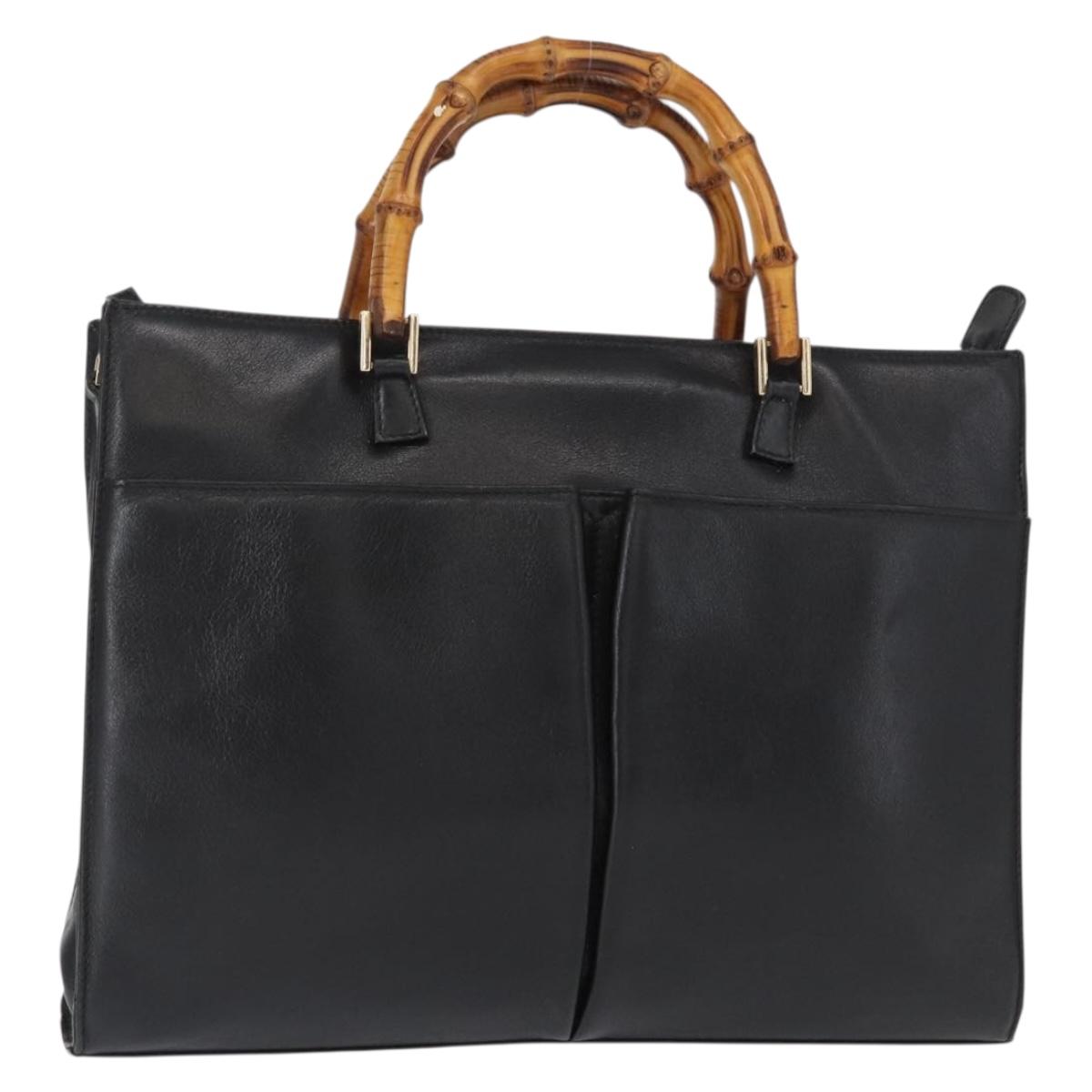 GUCCI Bamboo Hand Bag Leather Black Gold 001 2855 1875 0 Auth ka770