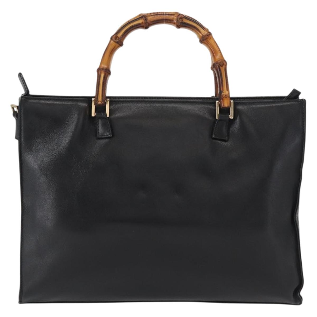 GUCCI Bamboo Hand Bag Leather Black Gold 001 2855 1875 0 Auth ka770