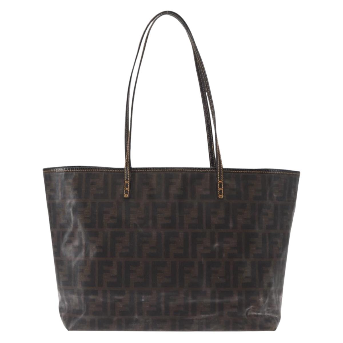 FENDI Zucca Canvas Tote Bag Coated Canvas Black Brown Auth ka771