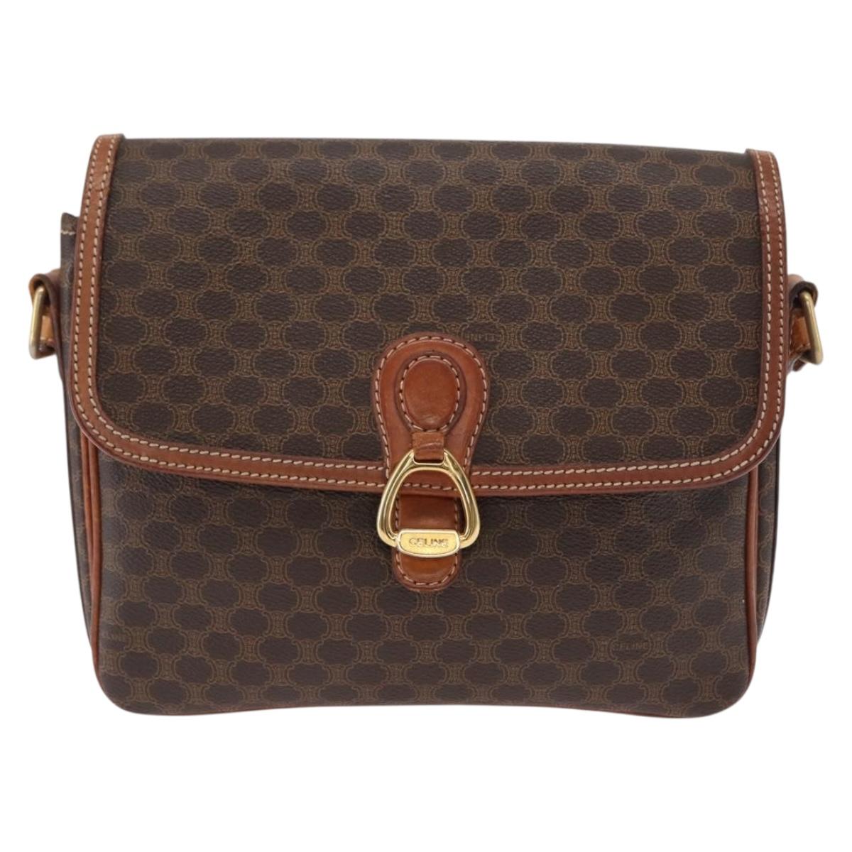 CELINE Macadam Canvas Shoulder Bag PVC Leather Brown Gold Auth ka776