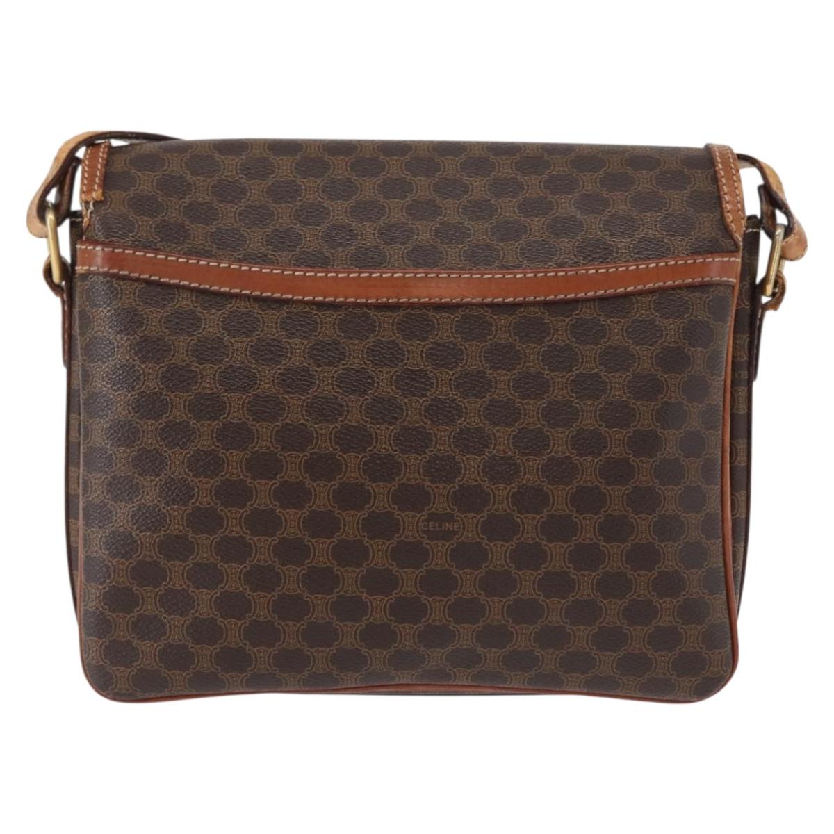 CELINE Macadam Canvas Shoulder Bag PVC Leather Brown Gold Auth ka776