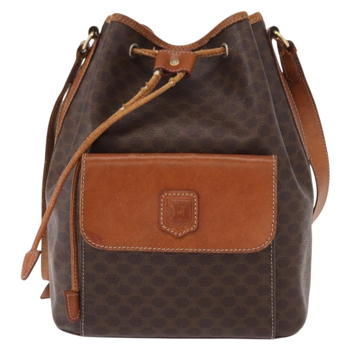 CELINE Macadam Canvas Shoulder Bag PVC Leather 2way Brown Gold Auth ka784