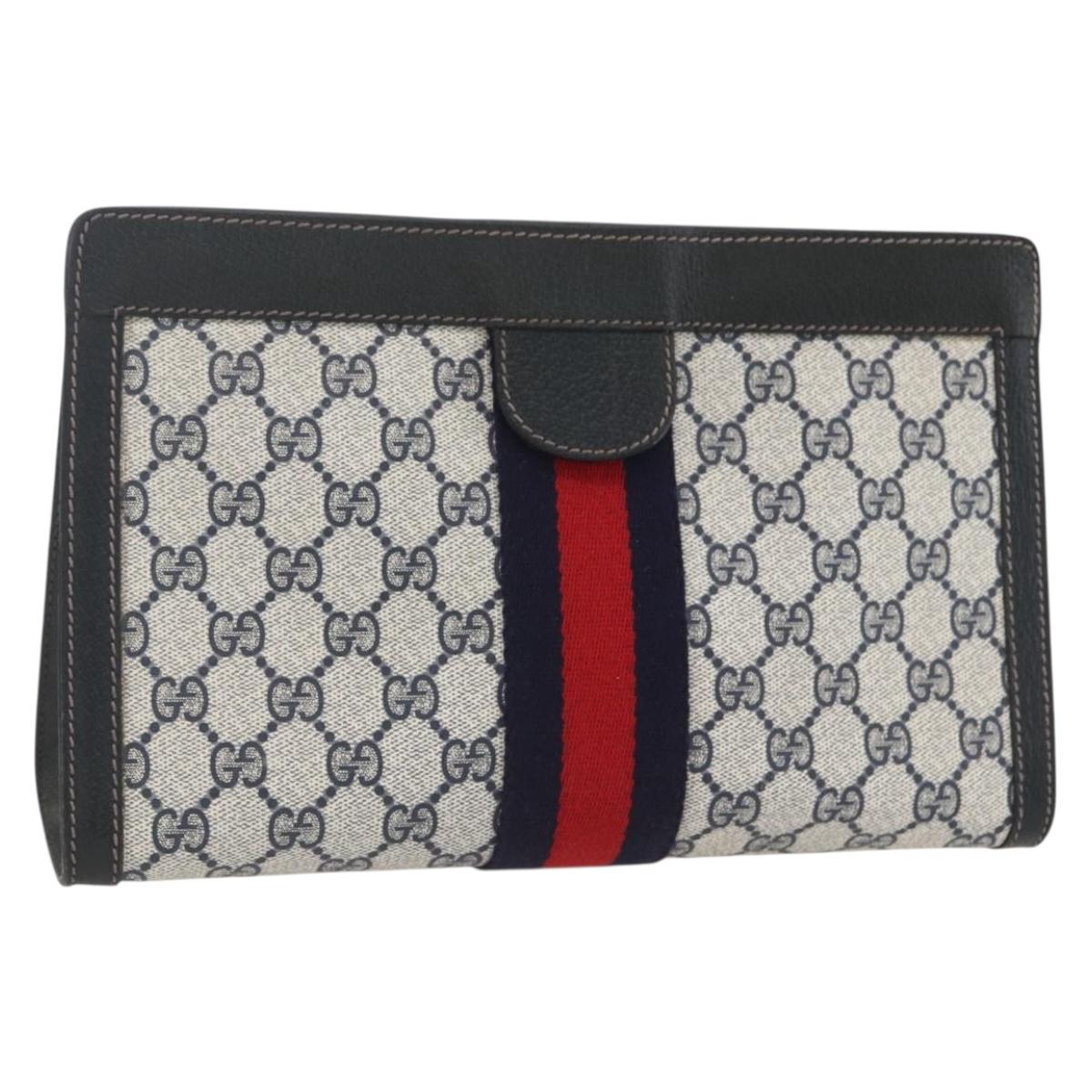 GUCCI GG Supreme Sherry Line Clutch Bag PVC Navy Red 84 014 2125 23 Auth ka792