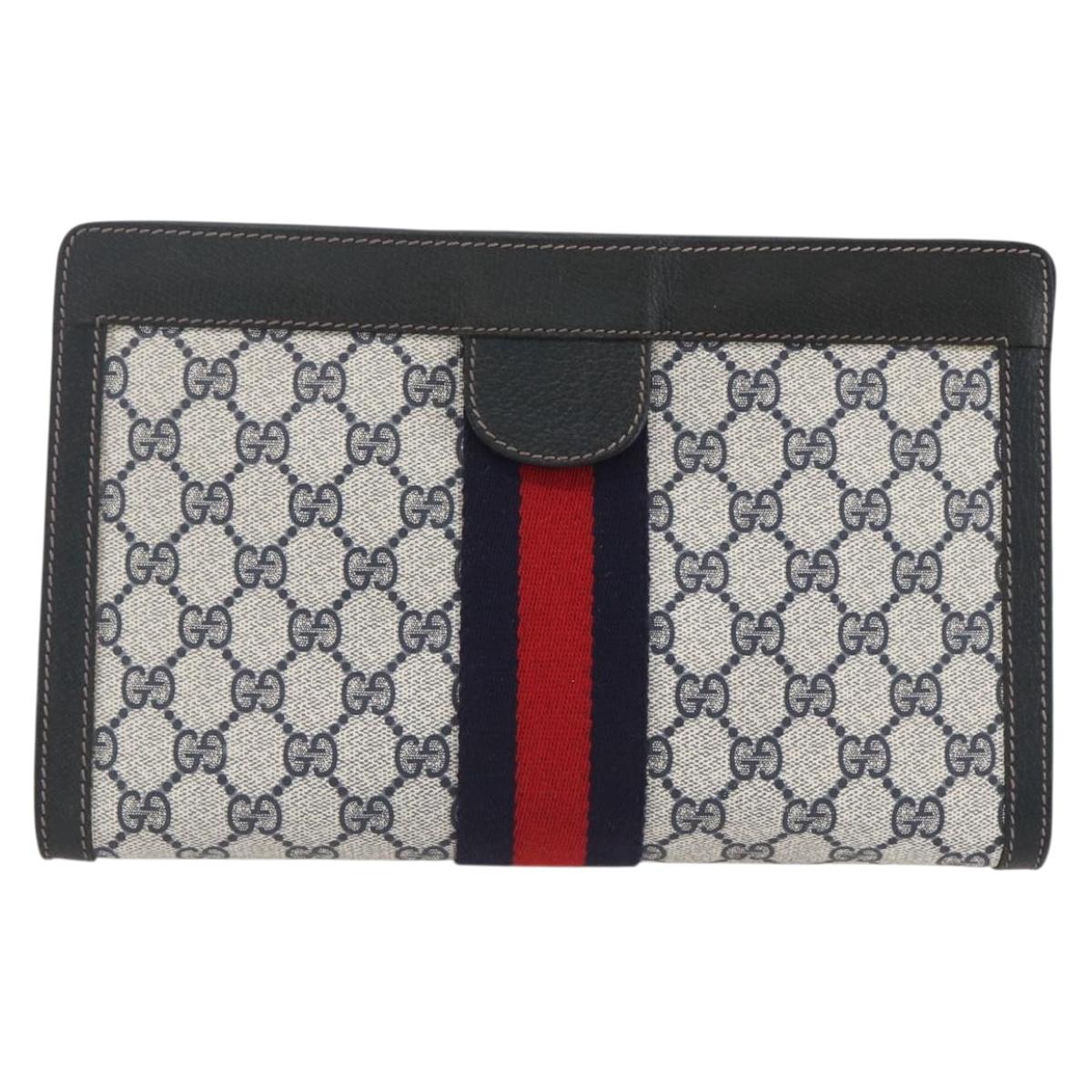 GUCCI GG Supreme Sherry Line Clutch Bag PVC Navy Red 84 014 2125 23 Auth ka792