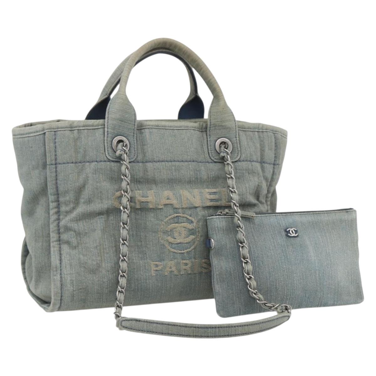 CHANEL Chain Deauville Tote Bag Denim Blue CC Auth ka852V