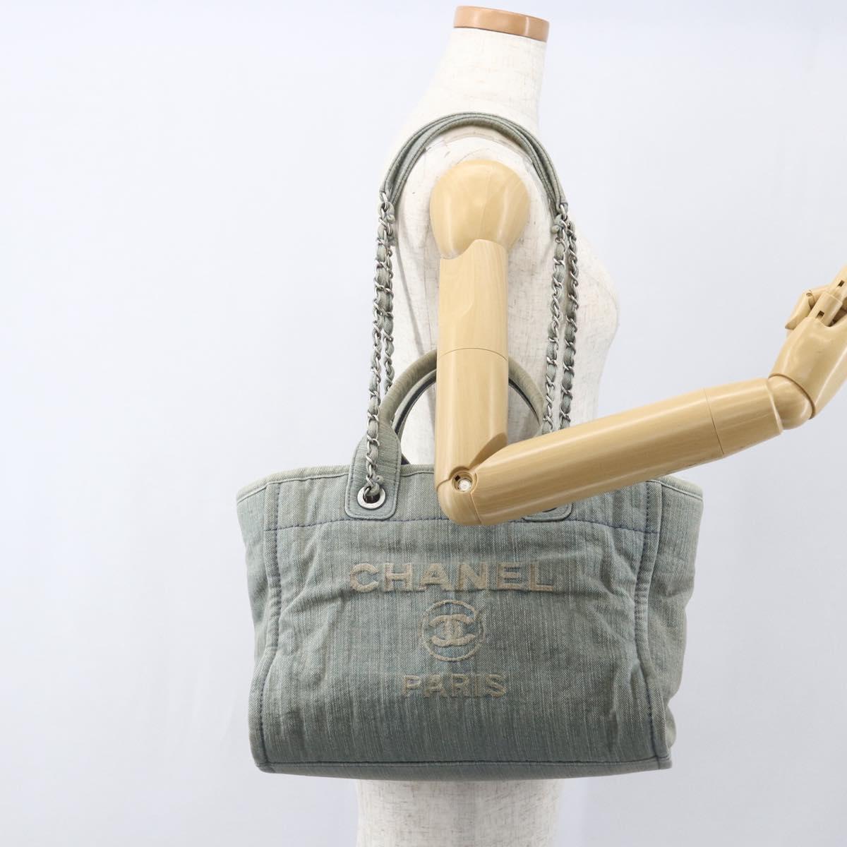 CHANEL Chain Deauville Tote Bag Denim Blue CC Auth ka852V
