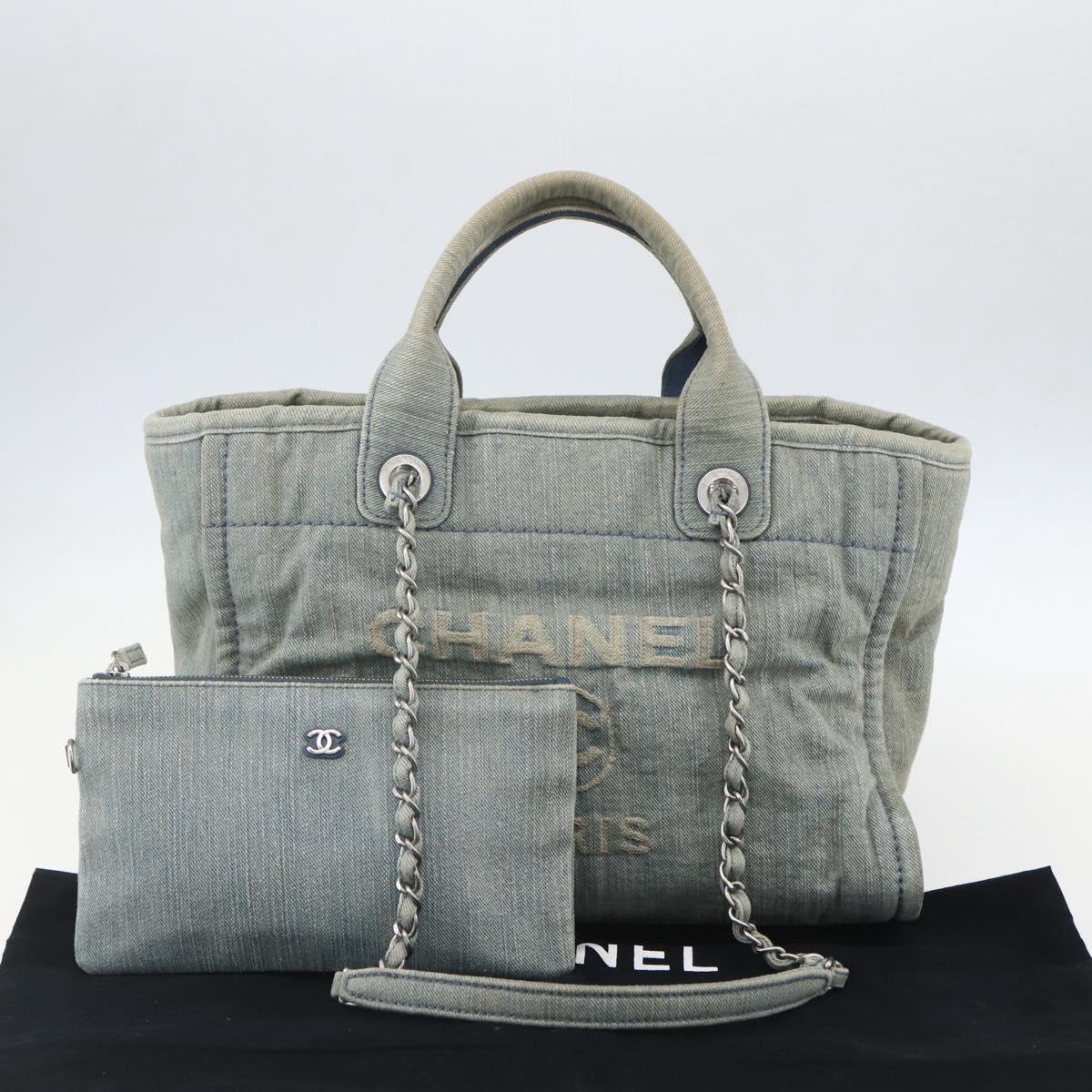 CHANEL Chain Deauville Tote Bag Denim Blue CC Auth ka852V