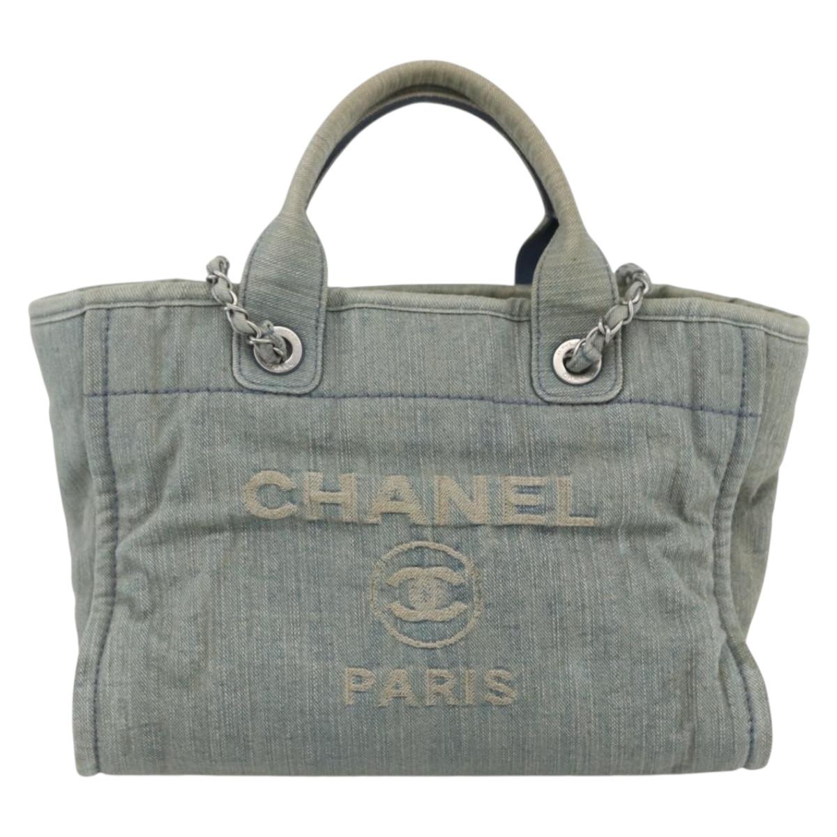 CHANEL Chain Deauville Tote Bag Denim Blue CC Auth ka852V