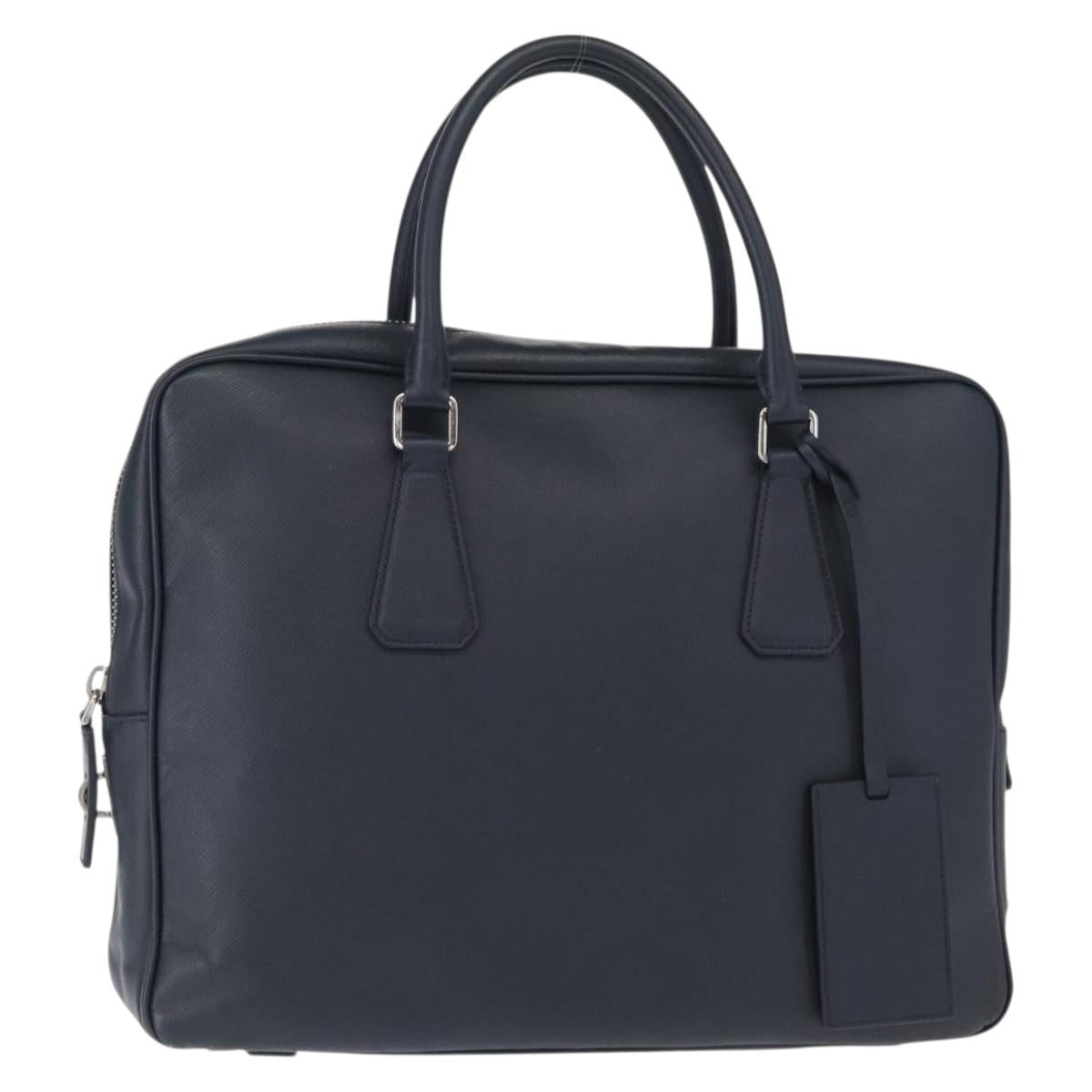 PRADA Hand Bag Safiano leather Navy Silver Auth ka869