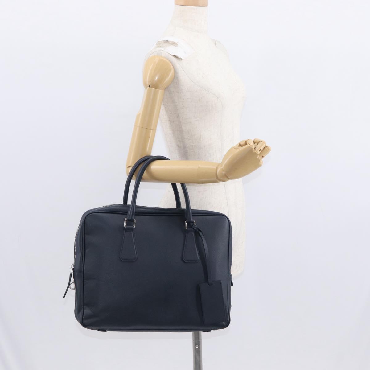 PRADA Hand Bag Safiano leather Navy Silver Auth ka869