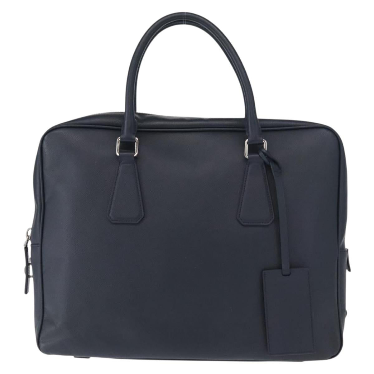 PRADA Hand Bag Safiano leather Navy Silver Auth ka869