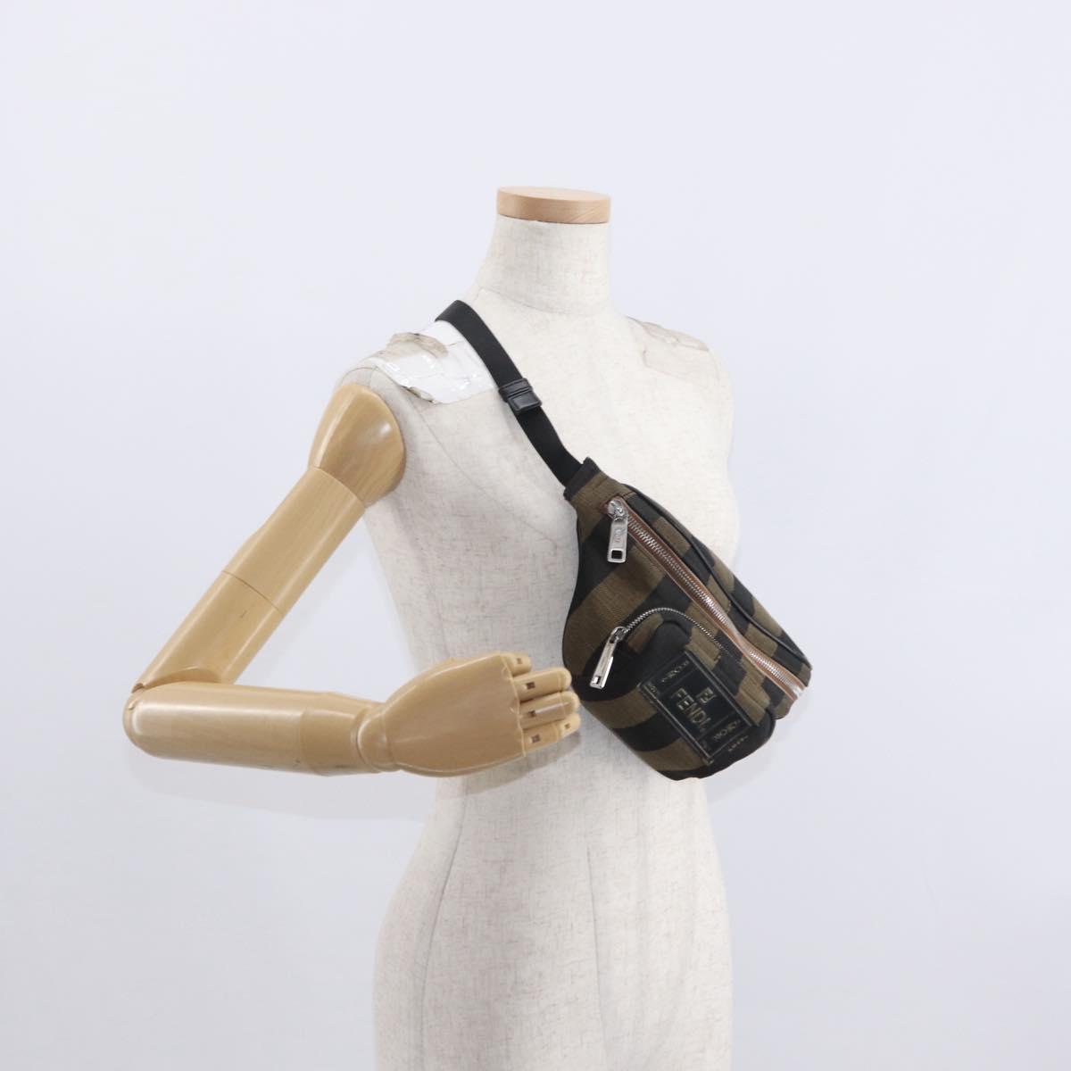 FENDI Pecan Canvas Body Bag Brown Black Silver Auth ka880