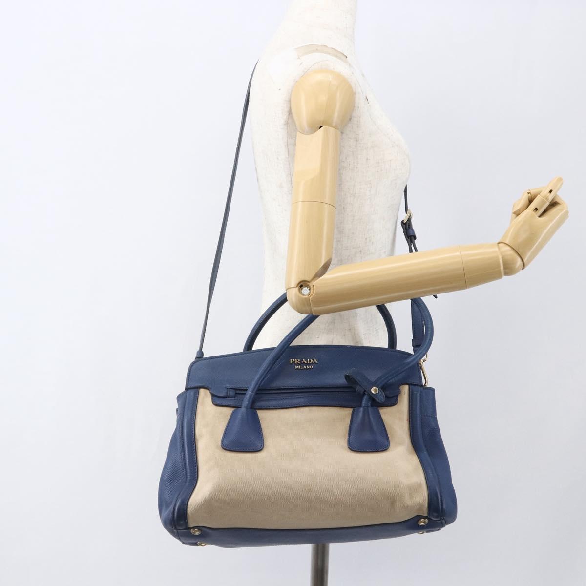 PRADA Hand Bag Canvas 2way Beige Blue Auth ka891
