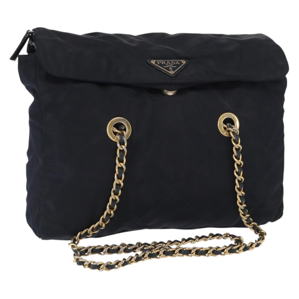 PRADA Chain Shoulder Bag Nylon Navy Gold Auth ka893