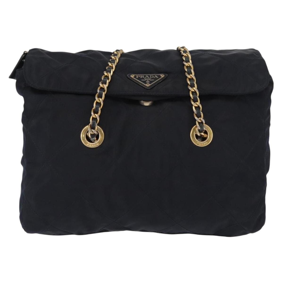 PRADA Chain Shoulder Bag Nylon Navy Gold Auth ka893