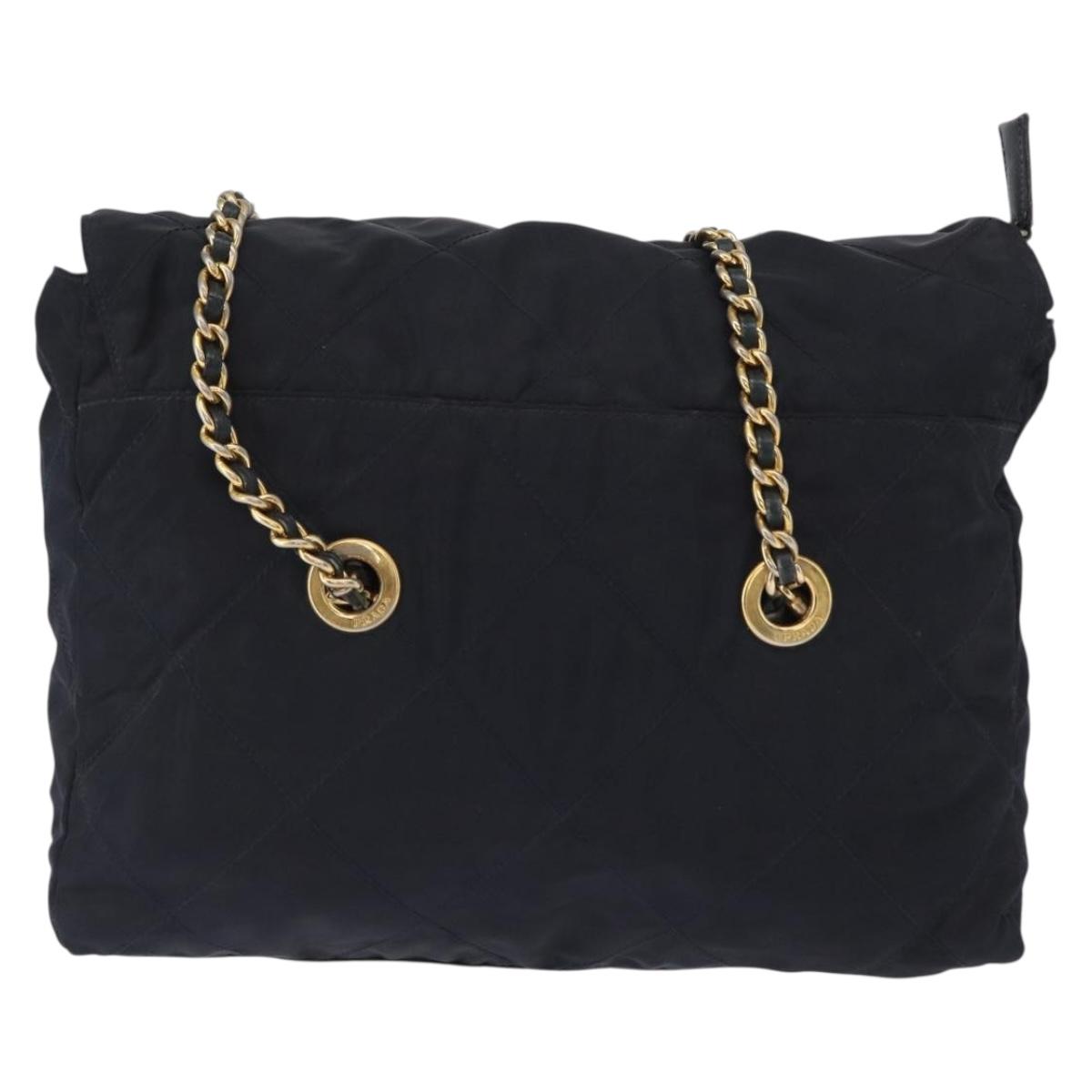 PRADA Chain Shoulder Bag Nylon Navy Gold Auth ka893