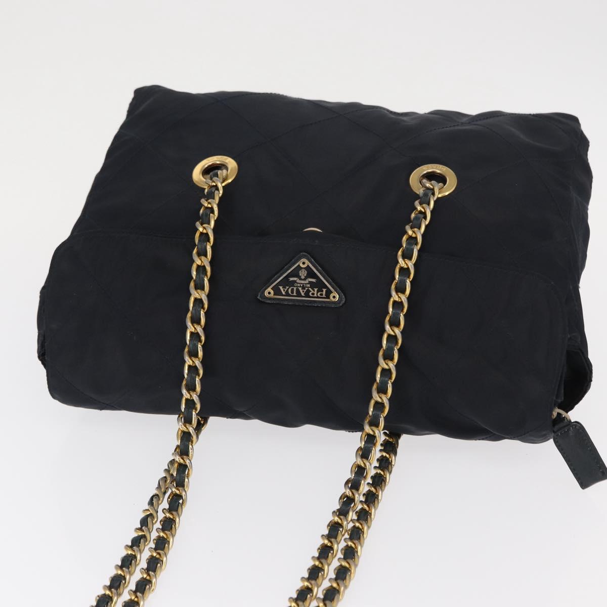 PRADA Chain Shoulder Bag Nylon Navy Gold Auth ka893