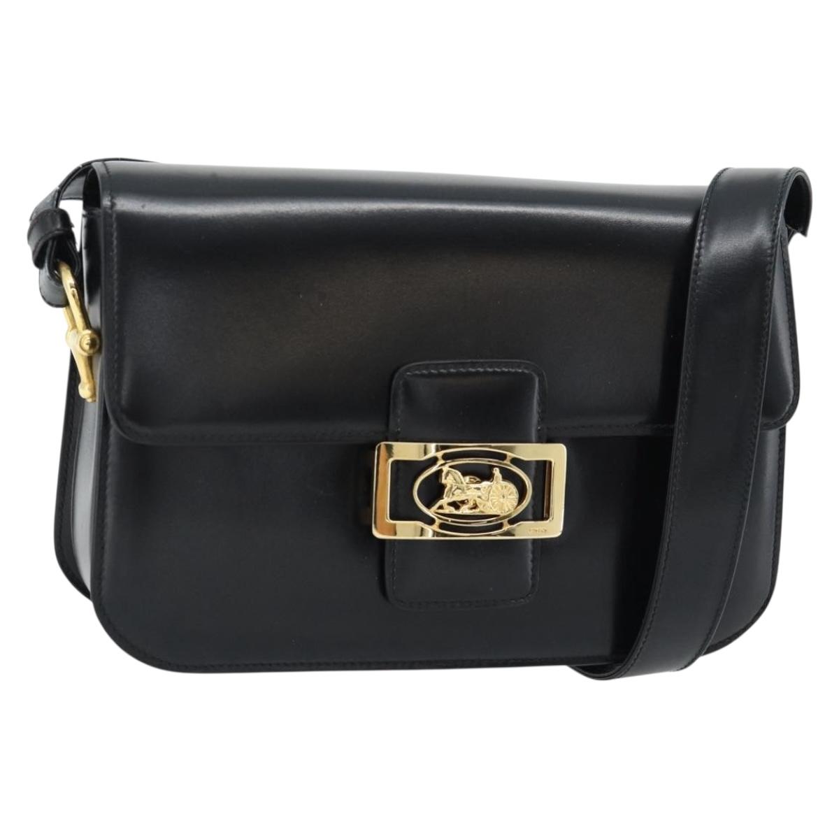 CELINE Horse Carriage Shoulder Bag Leather Black Gold Auth ka895