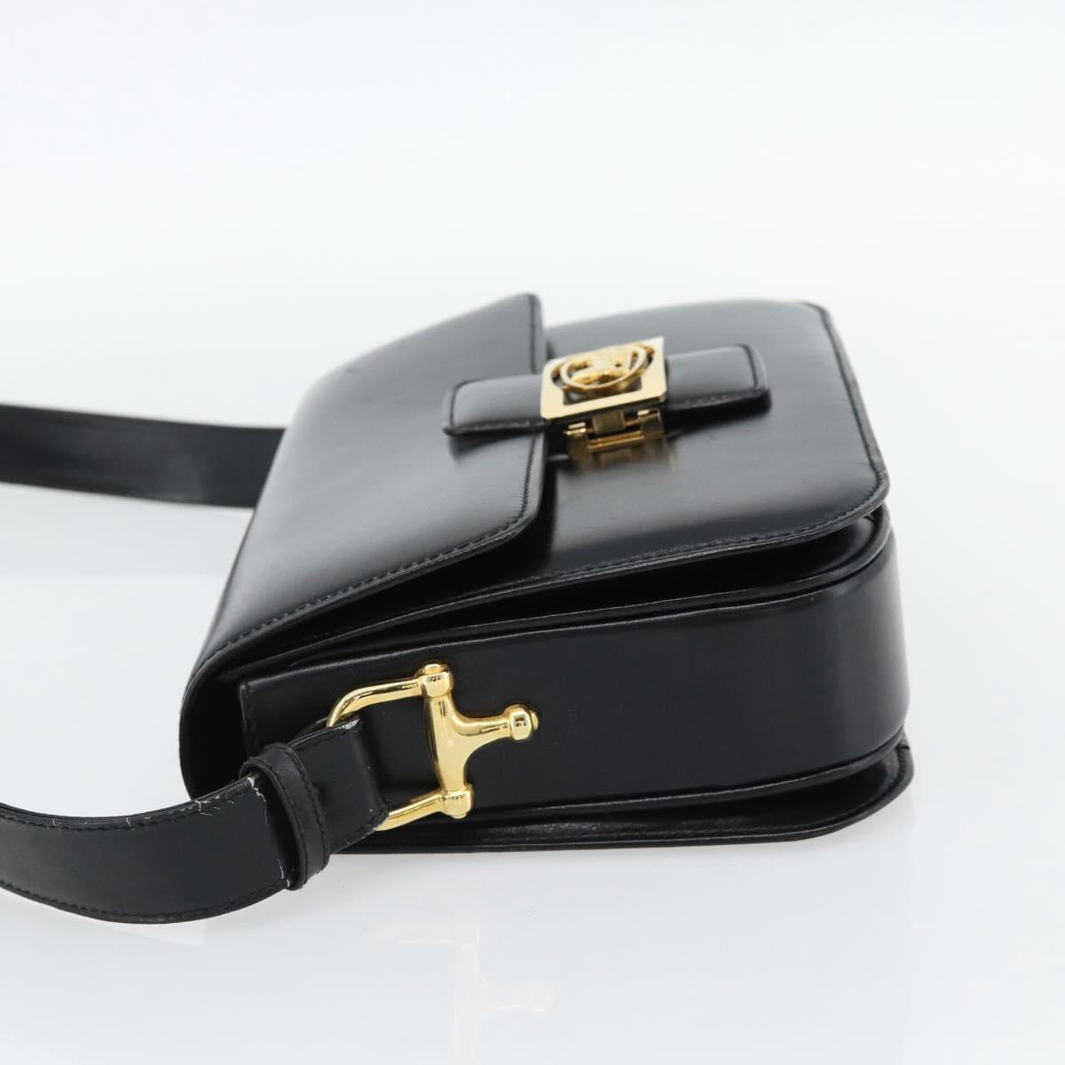 CELINE Horse Carriage Shoulder Bag Leather Black Gold Auth ka895