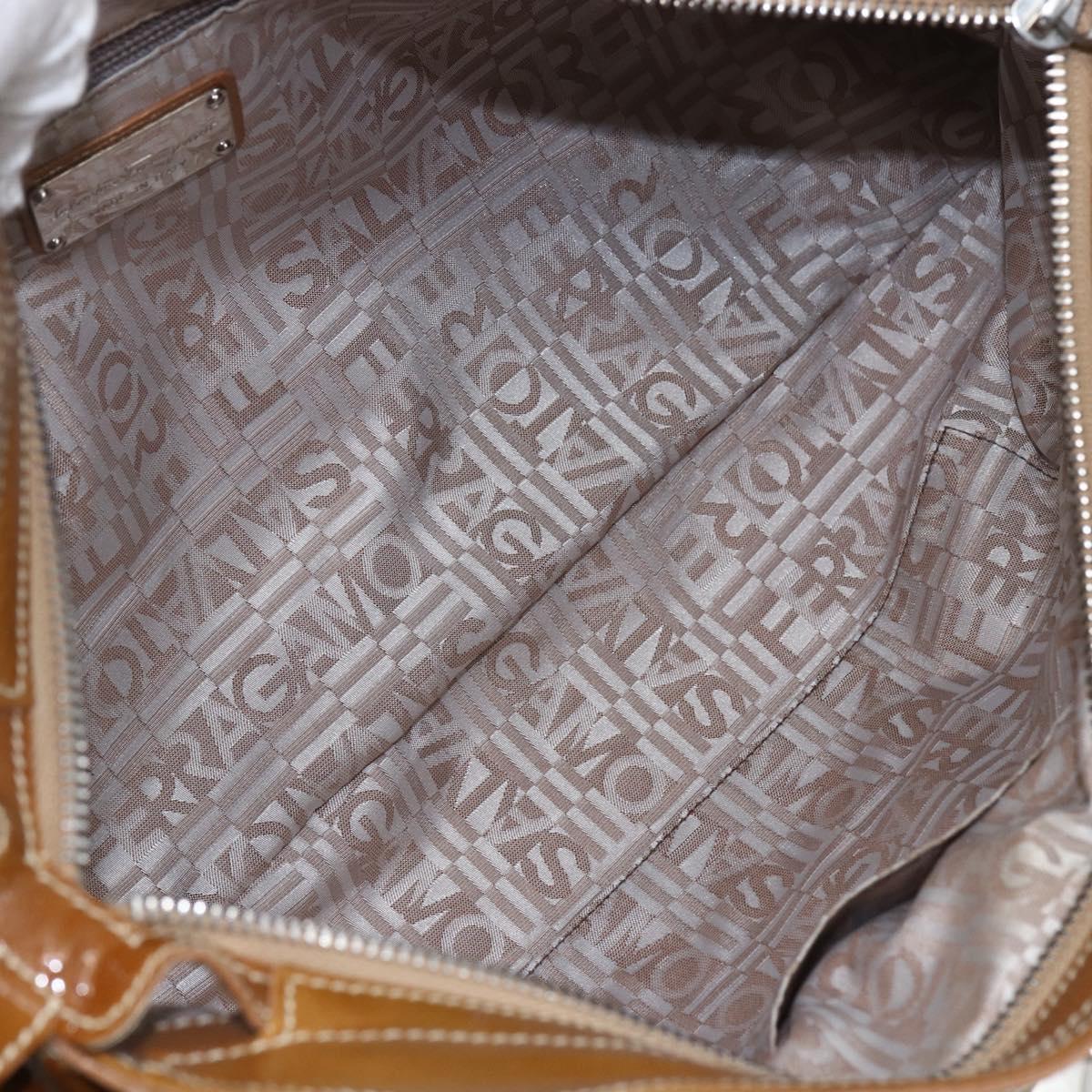 Salvatore Ferragamo Gancini Shoulder Bag Patent leather Brown Silver Auth ka928