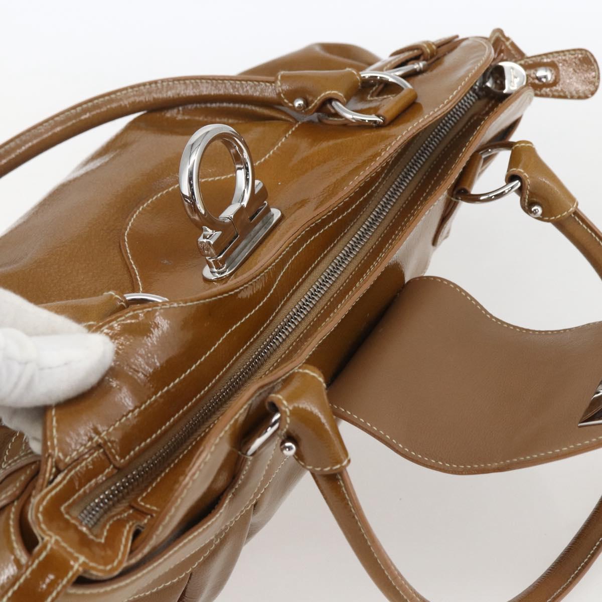 Salvatore Ferragamo Gancini Shoulder Bag Patent leather Brown Silver Auth ka928