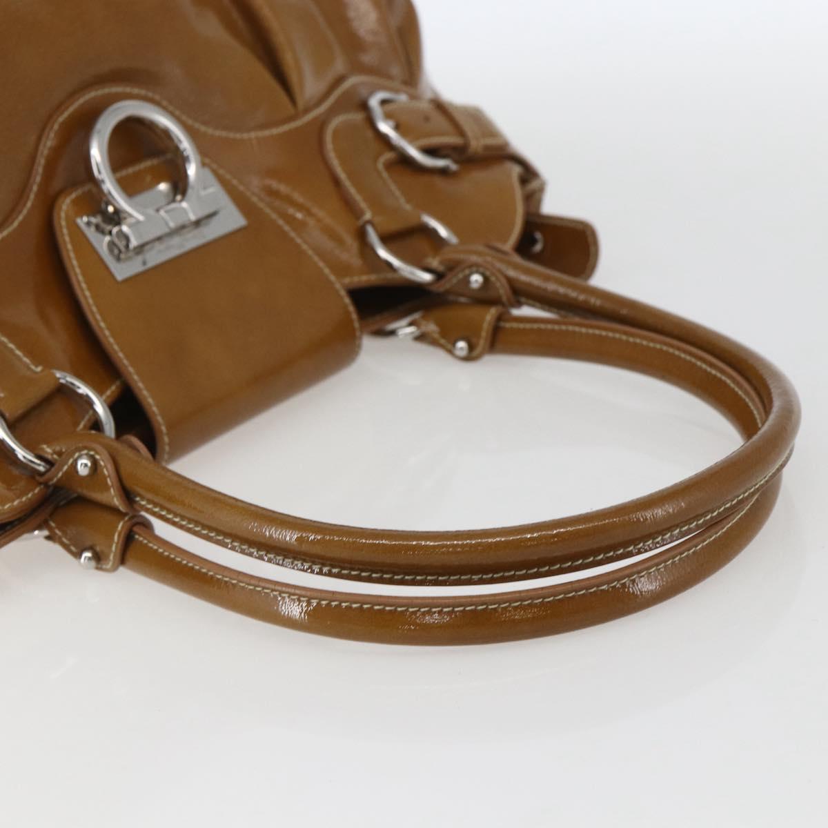 Salvatore Ferragamo Gancini Shoulder Bag Patent leather Brown Silver Auth ka928