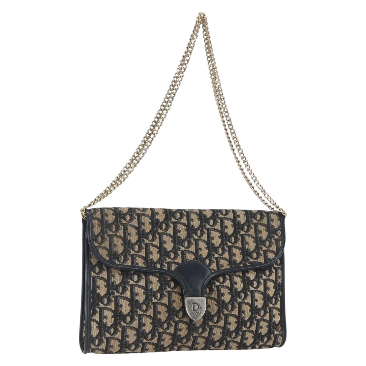 Christian Dior Trotter Canvas Chain Shoulder Bag Navy Gold Auth ka934