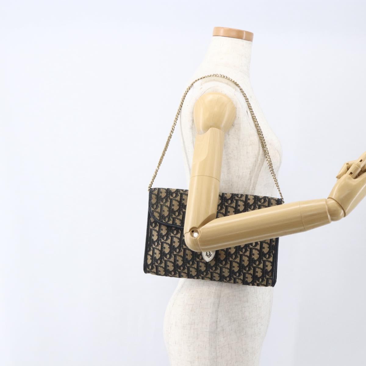 Christian Dior Trotter Canvas Chain Shoulder Bag Navy Gold Auth ka934