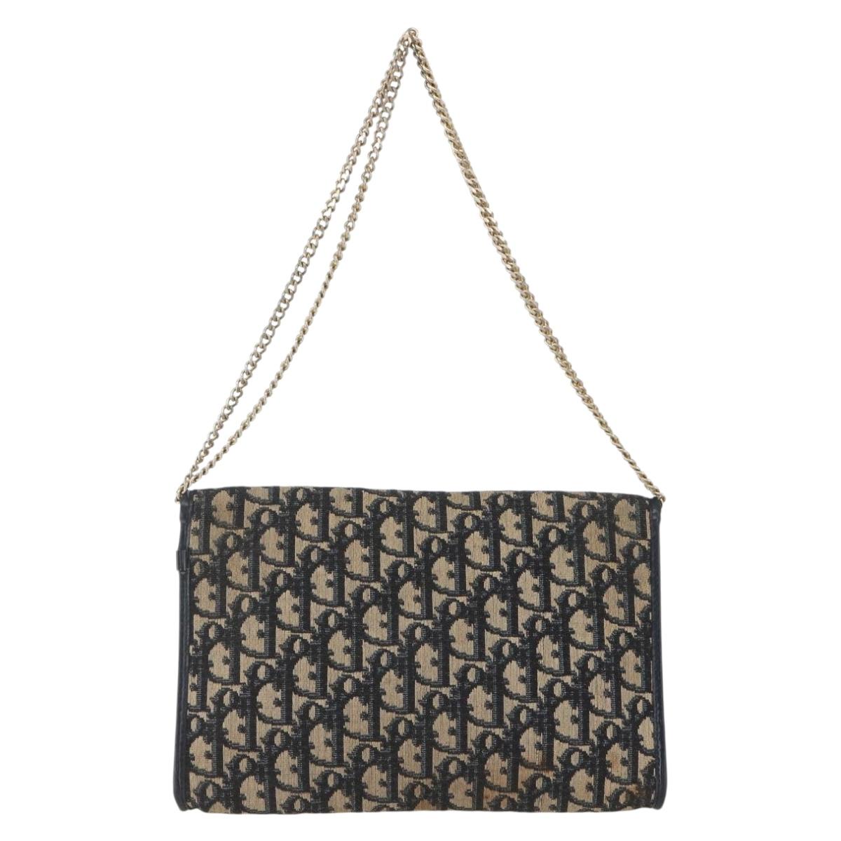 Christian Dior Trotter Canvas Chain Shoulder Bag Navy Gold Auth ka934