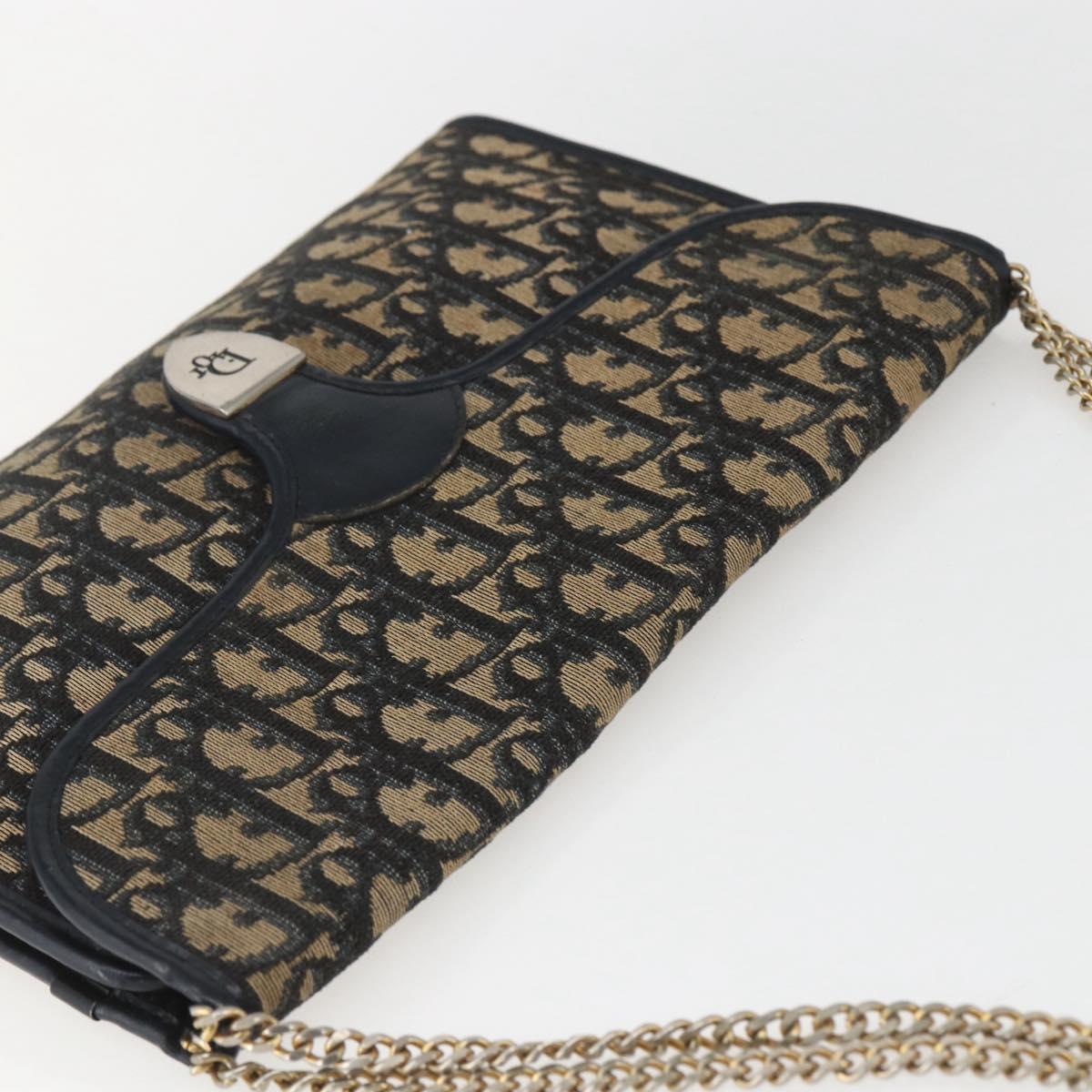 Christian Dior Trotter Canvas Chain Shoulder Bag Navy Gold Auth ka934