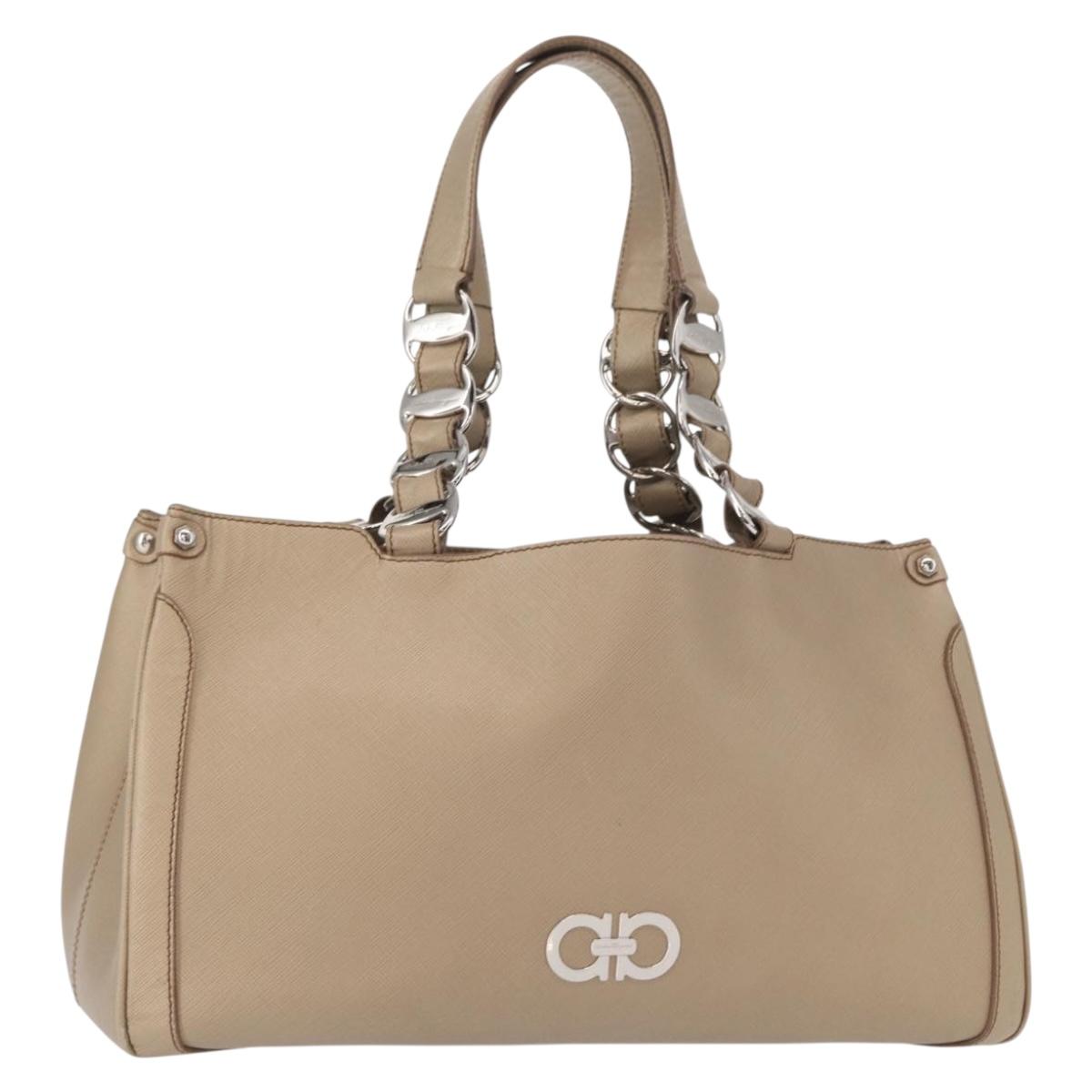 Salvatore Ferragamo Tote Bag Leather Beige Silver Auth ka939