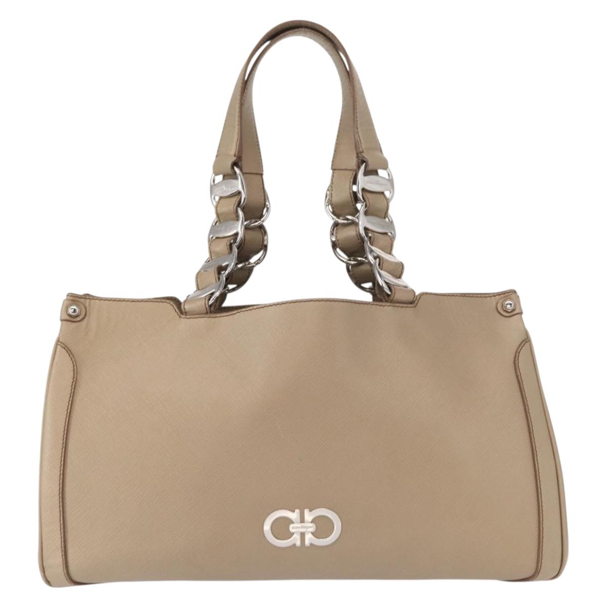 Salvatore Ferragamo Tote Bag Leather Beige Silver Auth ka939