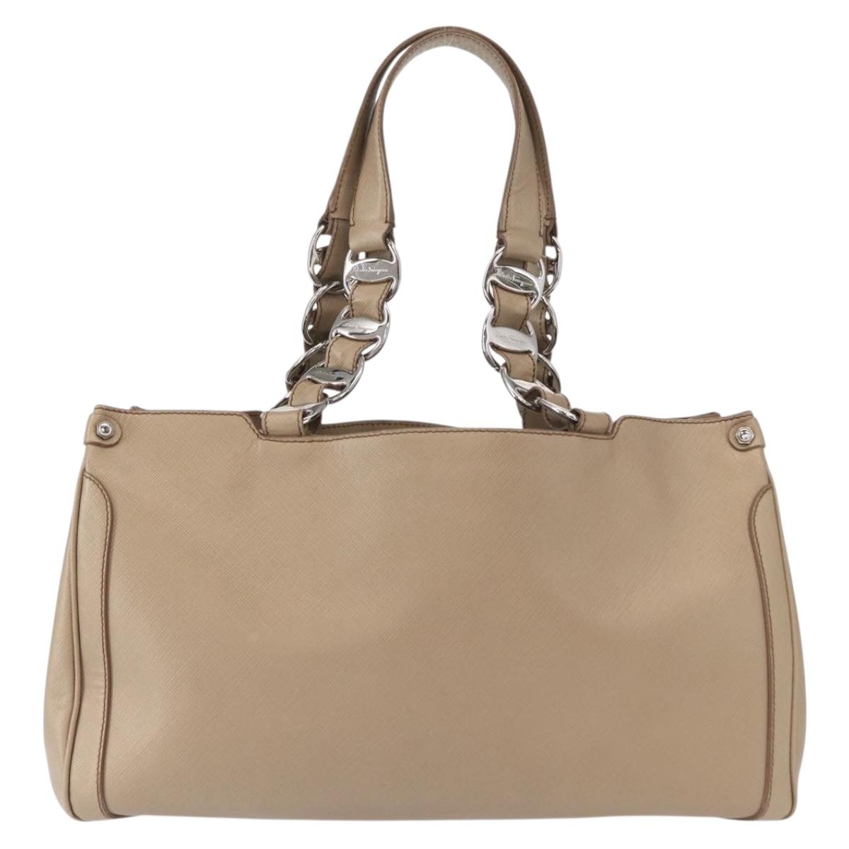 Salvatore Ferragamo Tote Bag Leather Beige Silver Auth ka939