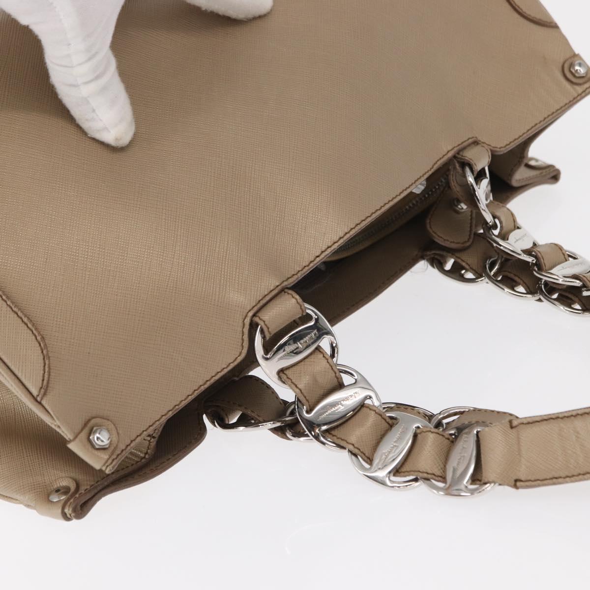 Salvatore Ferragamo Tote Bag Leather Beige Silver Auth ka939