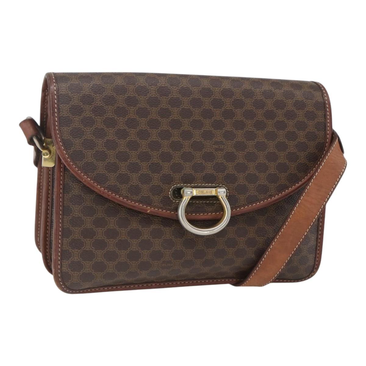 CELINE Macadam Canvas Shoulder Bag PVC Leather Brown Gold Auth ka975